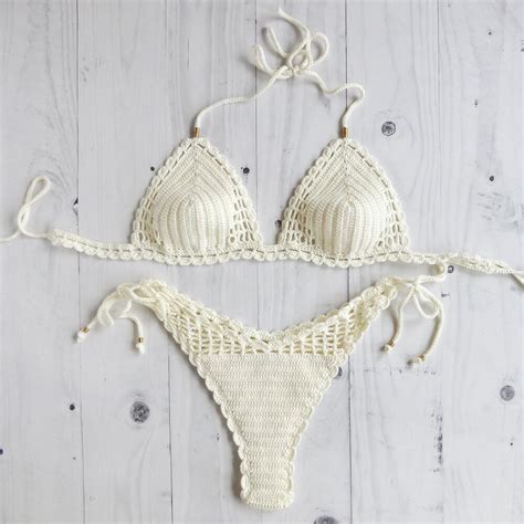 Bikini de ganchillo blanco bikini tanga brasileño bañador de Etsy