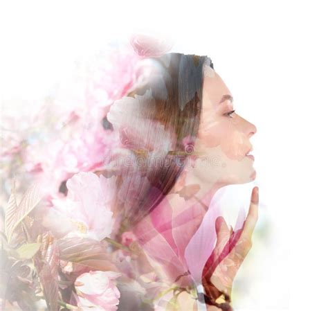 Double Exposure Of Woman And Blooming Flowers Stock Photo Image Of