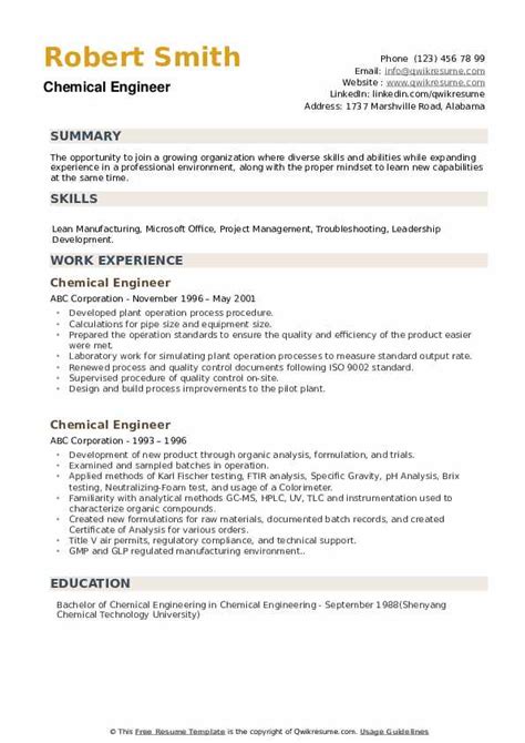 Resume formats chronological resume functional resume summary, objective. Chemical Engineer Resume Samples | QwikResume