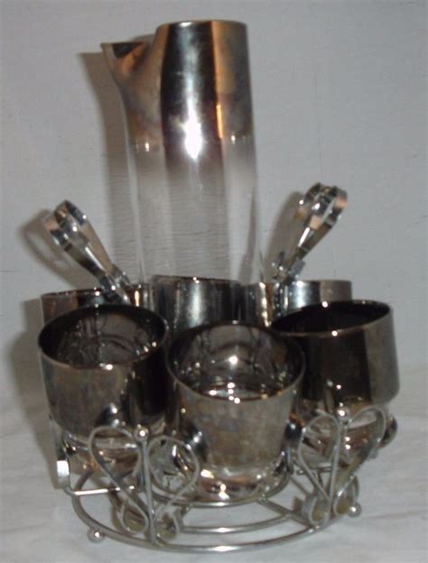 Dorothy Thorpe Silver Fade Martini Glass Set Barware W Metal Holder Mid Century Dorothythorpe