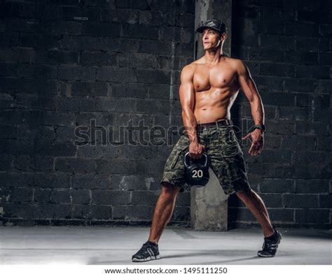 Focused Shirtless Man Cap Doing Exercises Stock Photo Edit Now
