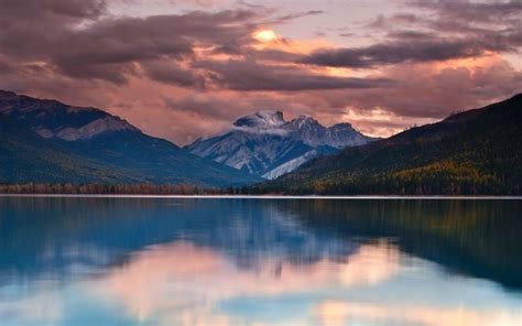 Nature Landscape Lake Mountain Sunset Forest Clouds Snowy Peak Calm