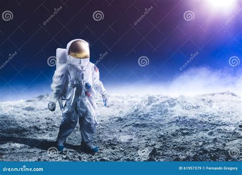 Astronaut On The Moon Near The Lander Salutes 3d Rendering Stock