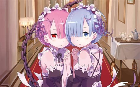 Download Maid Headdress Chain Short Hair Blue Eyes Blue Hair Red Eyes Twins Ram Rezero Rem