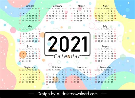 2021 Calendar Template Colorful Flat Abstract Decor Vectors Graphic Art
