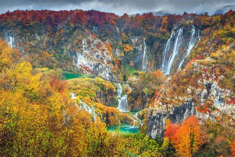 Spectacular Autumn Landscape With Magical Waterfalls In Plitvice Lakes