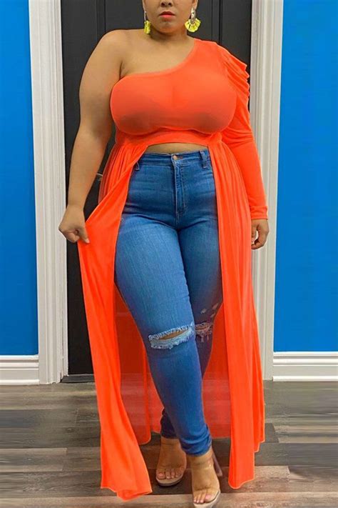 Orange Sexy Plus Size Single Sleeve Irregular Top Sexy Plus Size