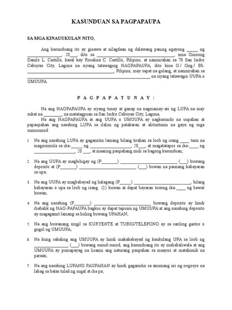 Tagalog english, agreement letter, agreement sample. Kasunduan Sa Pagpapaupa