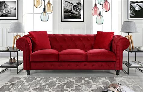 Classic Chesterfield Couch In Velvet Scroll Arm Tufted Button Sofa Red
