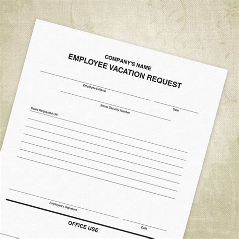 Employee Vacation Request Printable Form For Businesses Time Etsy