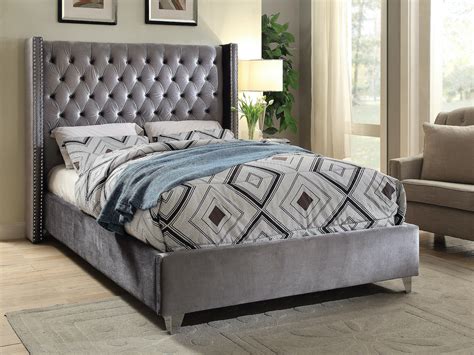 Ifdc Modern Queen Grey Velvet Bed