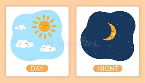 Opposite Adjective Words With Day And Night On White Background Stock