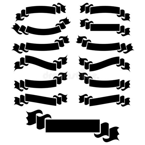 A Set Of Flat Black Isolated Silhouettes Of Ribbon Banners On A White