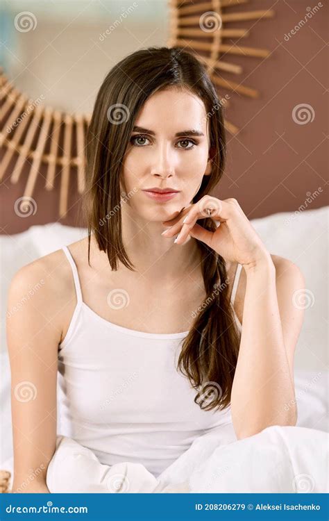 Close Up Portrait Of Serious Girl Sitting On Bed Stock Image Image Of Girl Blanket 208206279