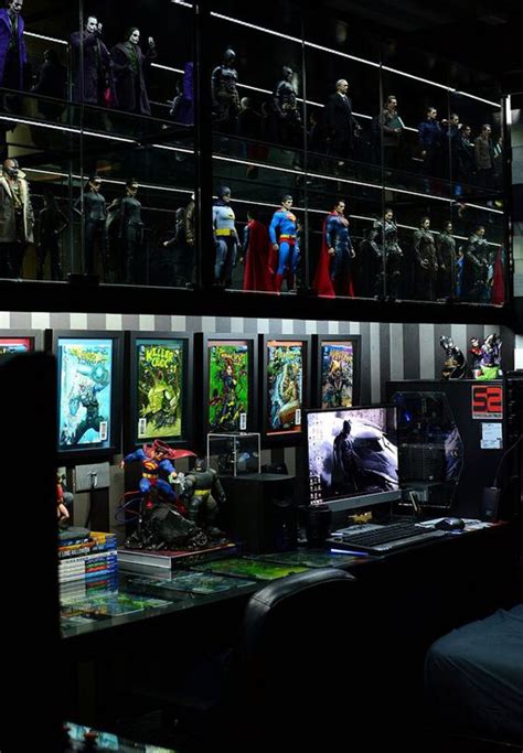 Dark Game Rooms With Superhero Glass Display Home Design