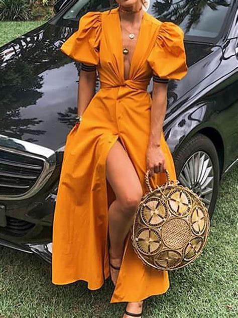 Sexy Deep V Belted Pure Colour Short Sleeve Maxi Dresses Streettide