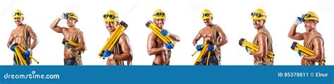 The Naked Construction Worker On White Stock Image Image Of Muscles