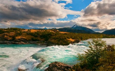 Nature Landscape River Mountains Clouds Shrubs Patagonia Chile Rapids