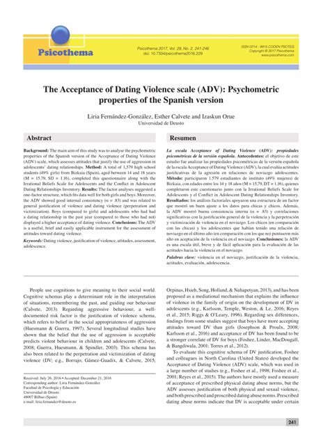 The main aim of this study was to analyse the psychometric properties of the spanish version of the acceptance of dating violence (adv) scale, which assesses attitudes that justify the use of aggression in adolescents' dating relationships. (PDF) The Acceptance of Dating Violence scale (ADV ...
