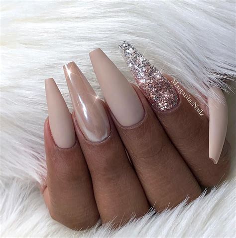 Nude matte coffin nails Glitter ombré and chrome Coffin Nails Glitter