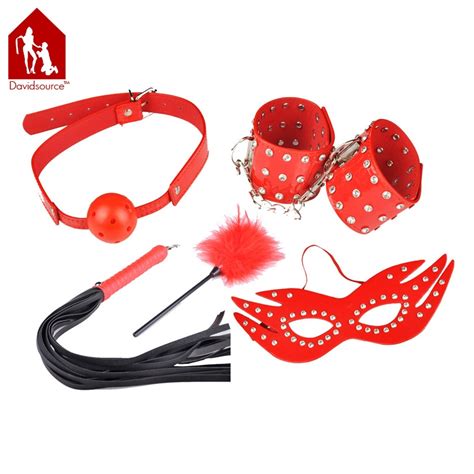 Davidsource Red Leather Bondage 5 Pieces Set Spiked Handcuffs Gag Whip