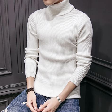Mens White Turtleneck Mens Leisure Warm Sweater Knit Cultivate Ones