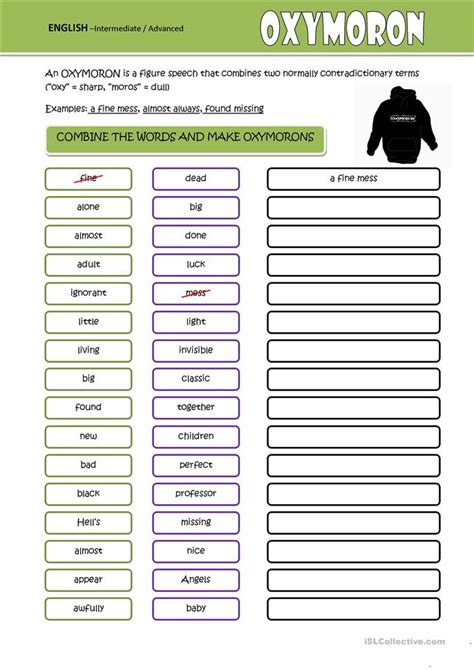 Accessing these free worksheets would only be helping us in every term to succeed in our education field. Oxymoron worksheet - Free ESL printable worksheets made by ...