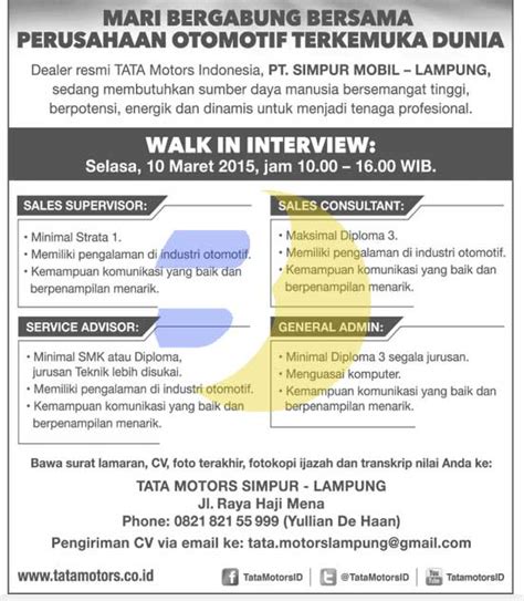 Lowongan kerja terbaru april 2020, jobs info and career development informasi lowongan kerja terbaru, cpns 2020, bumn 2020 dan perusahaan multinasional. Lowongan Kerja PT Simpur Mobil (TATA MOTORS SIMPUR)