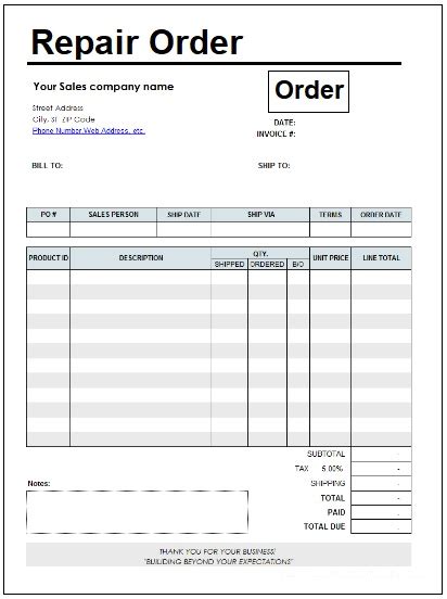 repair order templates  printable word  excel