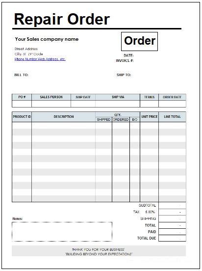 Repair Order Templates 12 Free Printable Word Excel And Pdf Formats