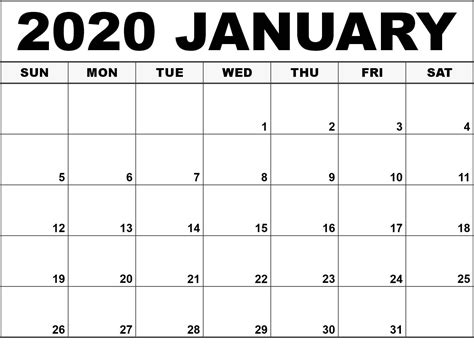 Printable January 2020 Blank Calendar Template Blank