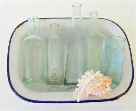 Vintage Handblown Sea Glass Blue Bottles Set Of 5 Beach Etsy Blue Bottle Diffuser Bottle Glass