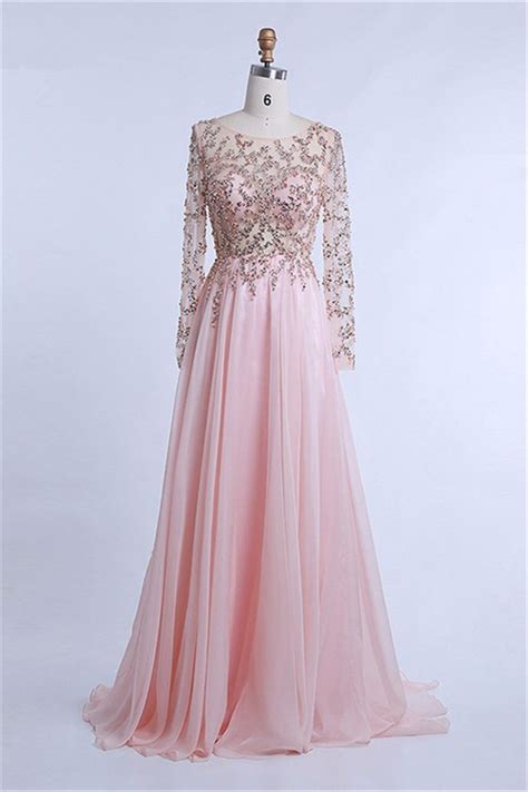 Elegant Sheer Long Sleeve Light Pink Chiffon Tulle Beaded Prom Dress