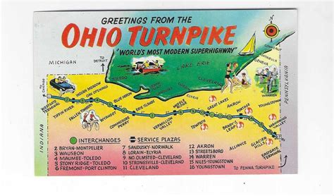 Vtg 60s Ohio Turnpike Map Greetings Plastichrome Postcard United