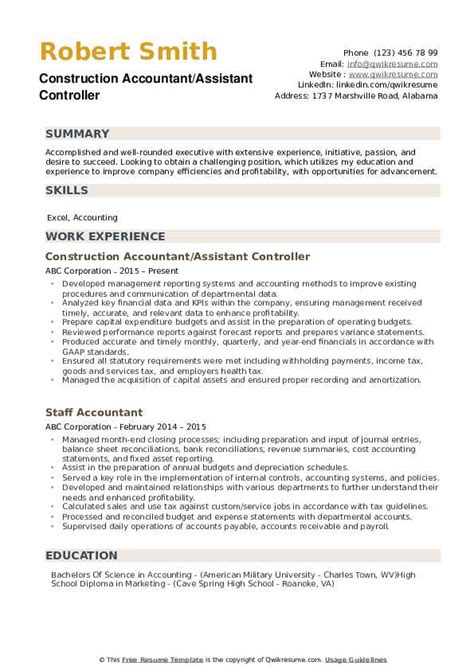 assistant controller resume samples qwikresume