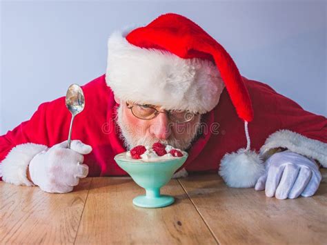 Funny Santa Claus Eating Yoghurt With Fresh Raspberries Healthy Stock