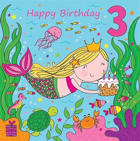 Twizler 3rd Birthday Card For Girl With Cute Mermaid And Glitter Three