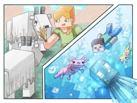 Steve Alex Axolotl Goat And Glow Squid Minecraft Drawn By