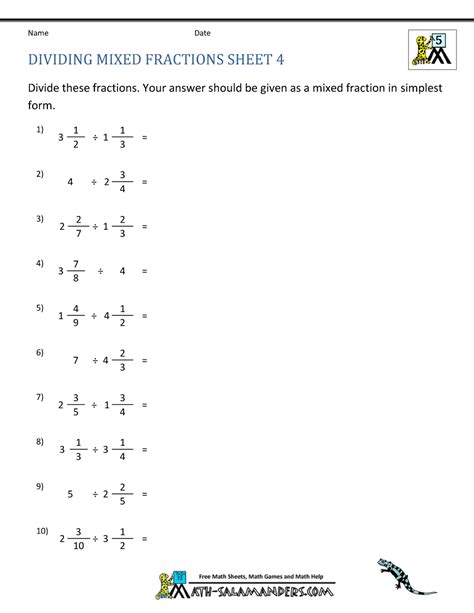 Divide Fractions By Mixed Numbers Worksheet