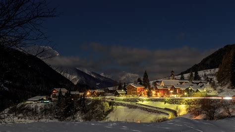 Switzerland Houses Winter Mountains Snow Night