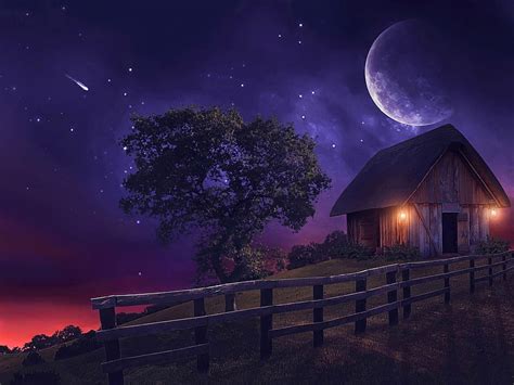 1080p Free Download Night Stars House Moon Cottage Halloween