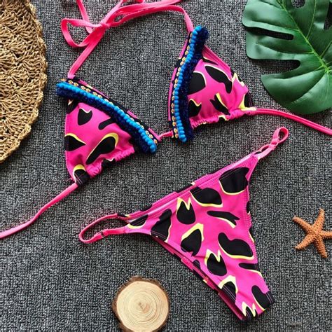 New Design Women Tassel Bikini Set Halter Bathing Suit Mocro Tankini Summer Printing Padded