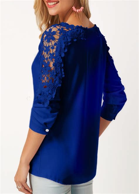 Lace Panel Royal Blue Long Sleeve Blouse On Sale Only Us2827 Now Buy
