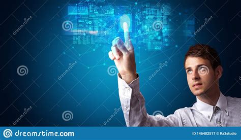 Man Accessing Hologram With Fingerprint Stock Image - Image of cloud, business: 146402517