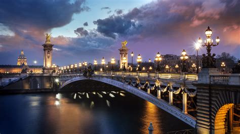 Bridge Of Alexander With Lights France Paris With Background Of Clouds