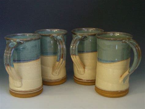 hand thrown stoneware pottery mugs set of 4 lm 11 etsy pottery mugs stoneware pottery mugs set