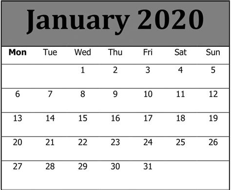 Monthly Calendar Template January 2020 Calendar Template Excel