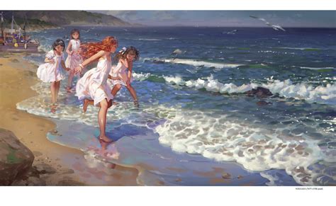 safebooru 4girls d alphonse white datura bare shoulders barefoot beach bird black hair