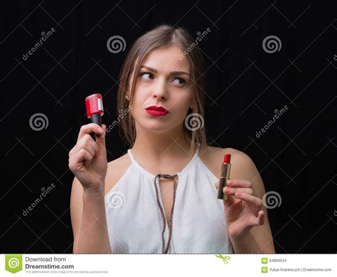 Woman With A Nail Polish And A Red Lipstick Stock Photo Image Of
