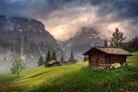 Switzerland Mountains Clouds Houses Wallpaper 2566x1715 419267